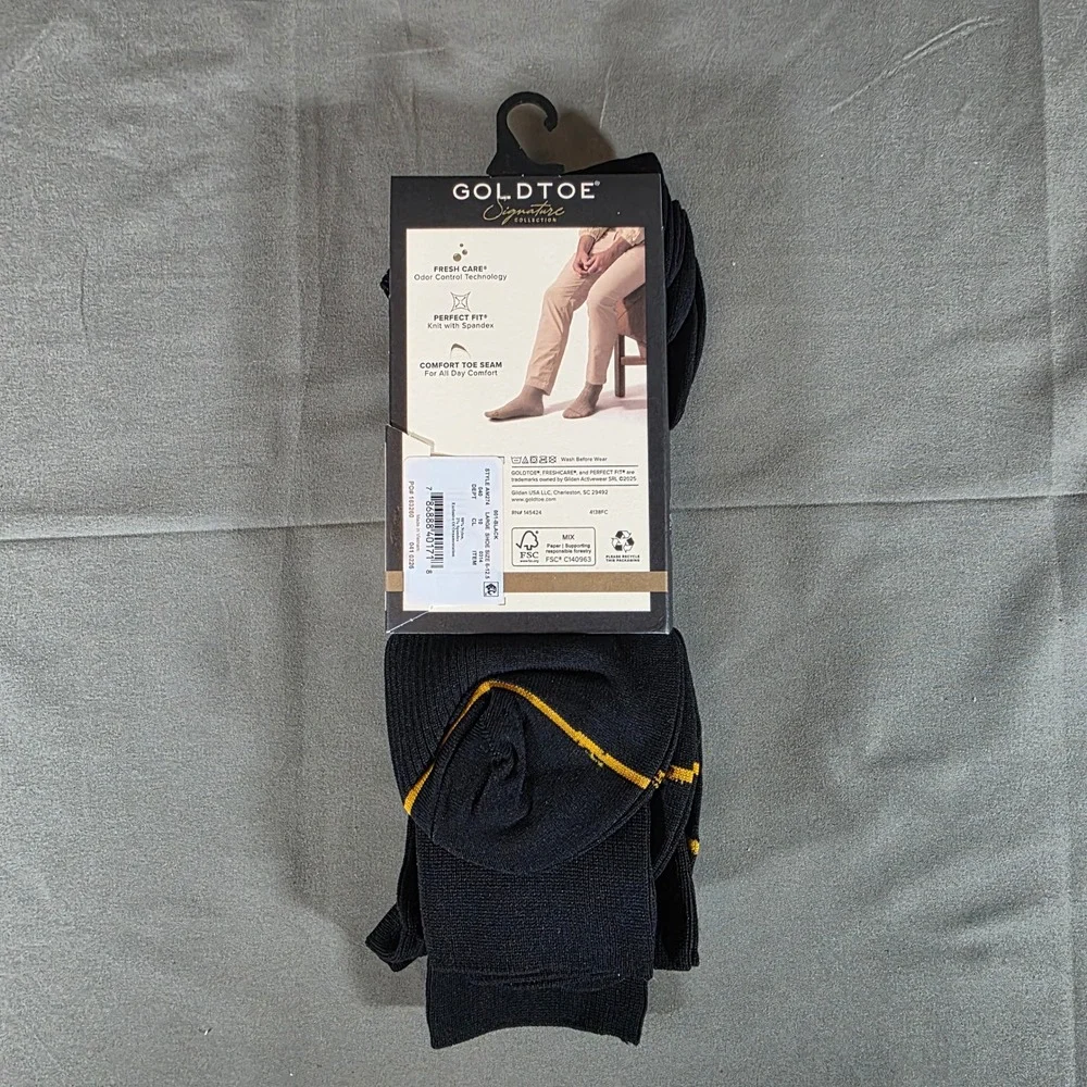 Goldtoe Signature Collection Mens Black Crew Socks 3 Pair Pack AM274 Size 6-12.5
